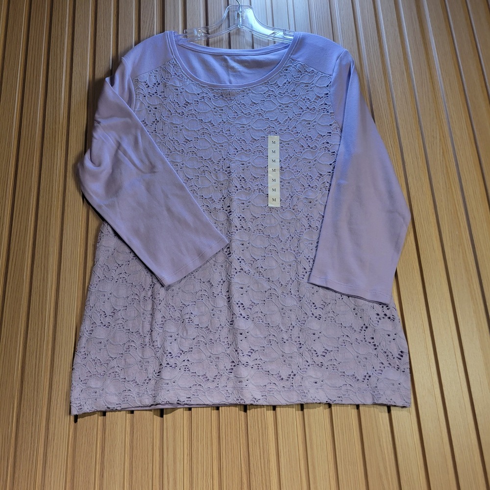 Croft & Barrow Womens Lavender Lace Front 3/4 Sleeve Top Medium New